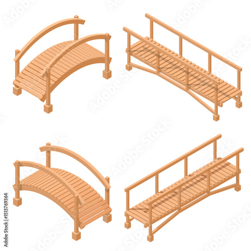 Wooden bridge vector illustrations. 3d isometric set