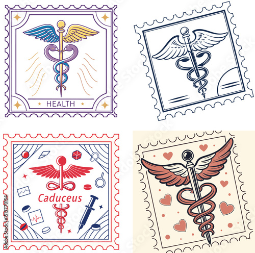 Four vintage caduceus medical stamps graphic design elements