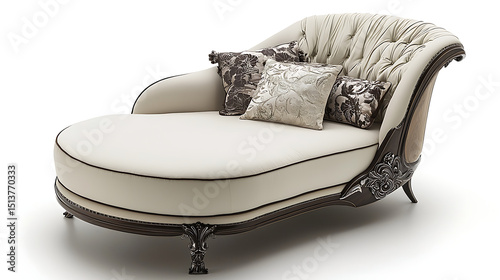 A white chaise lounge with a black and white pillow and a floral pillow