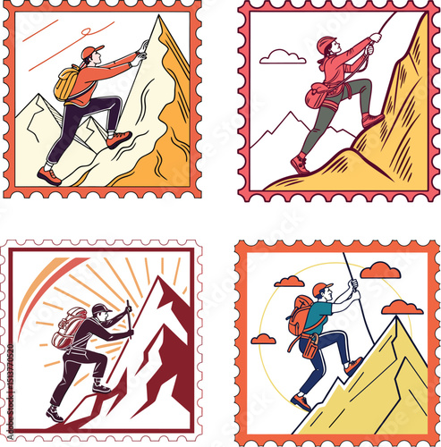 Four vintage style mountain climbing stamps illustration