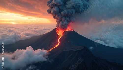 Dramatic photo of volcano eruption. Hot lava flows down mountain side. Smoke, ash clouds in the sky. Natural disaster, active volcano erupting at sunset. Scenic view of nature.
