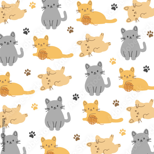 Seamless pattern of cute hand drawn cartoon cats. Paw prints and colorful feline doodles. Adorable animal background for kids, pet lovers, nursery wallpaper, fabric, and digital design. 