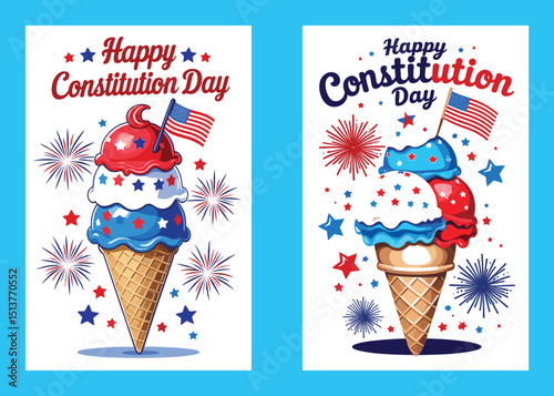 Constitution Day Vector Illustration With Ice Cream Cone And Fireworks Design
