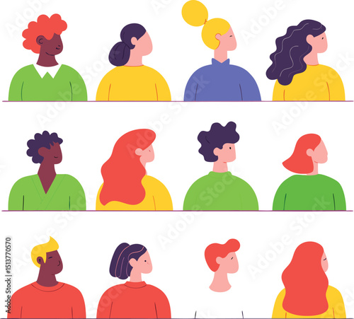 Diverse group of people profiles facing right side view