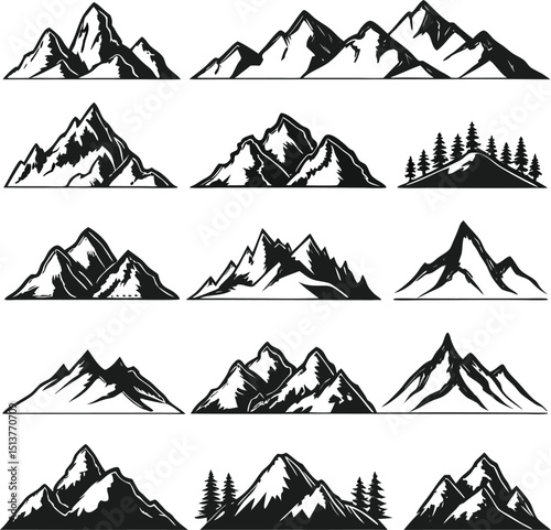 Twelve black and white mountain range illustrations