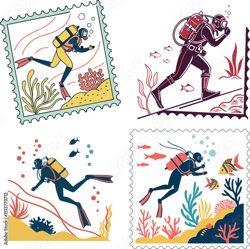 Vintage style scuba diving postage stamp illustrations