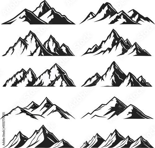 Twelve black and white mountain range silhouettes