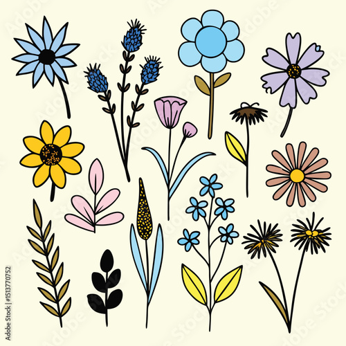 Collection of cute hand drawn flowers botanical illustrations