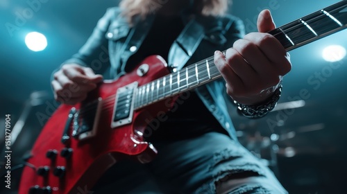 A powerful action shot of a guitarist passionately playing on stage, captured in a moment of energy and rhythm, surrounded by vibrant blue lights and an electric atmosphere.