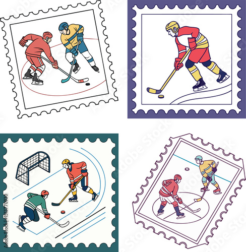 Four retro postage stamp designs featuring ice hockey players