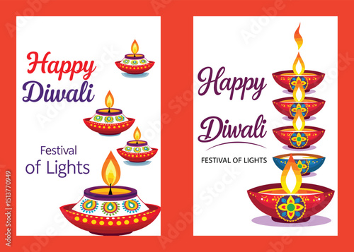 Happy Diwali Festival Greeting Card With Vector Diya Illustration Designs