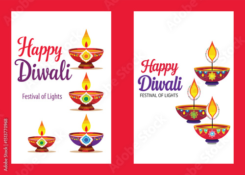 Happy Diwali Greeting Card Design With Traditional Diya Lamps Set