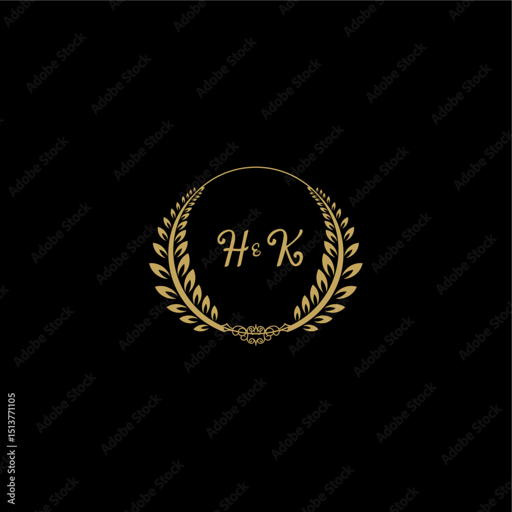 Naklejka premium HK beautiful, feminine and elegant wedding monogram initial logo with circle floral gold