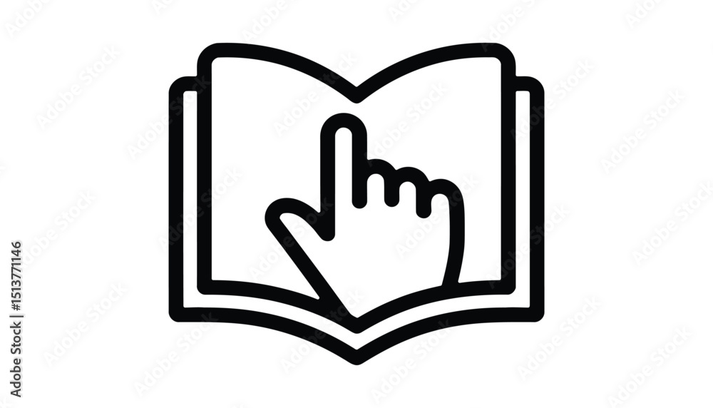 Fototapeta premium Interactive Learning Icon. Hand Pointing on Open Book Vector for Education, Online Reading, Tutorial, E-Learning Design.