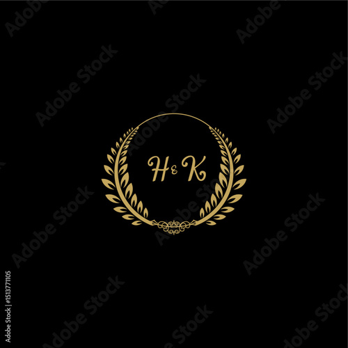 HK beautiful, feminine and elegant wedding monogram initial logo with circle floral gold