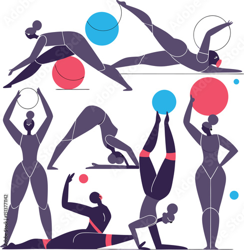 Women practicing rhythmic gymnastics with colorful balls