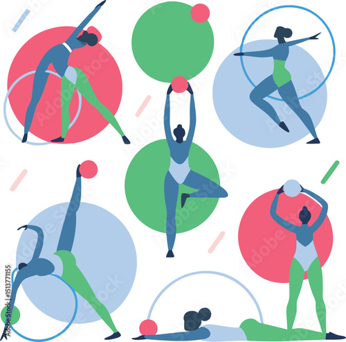 Rhythmic gymnastics athletes poses colorful circles background