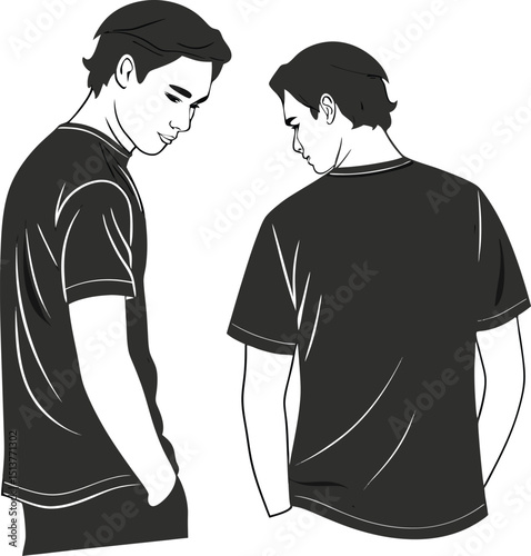 Two young men wearing simple black t-shirts side and back view