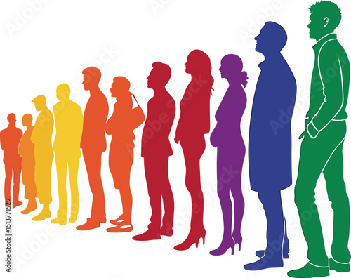 Diverse people standing in line rainbow silhouettes