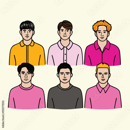 Six diverse young men portraits minimalist style illustration