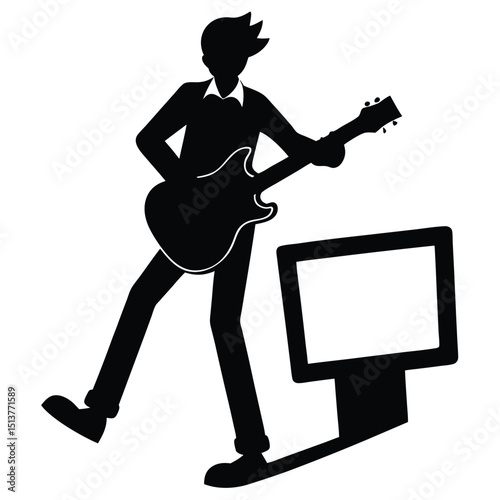Captivating silhouette illustrates a dynamic musical performance with guitar and digital display, embodying modern creative expression.