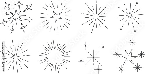 Various starburst and star designs in black outline on a white background in a vector graphic style