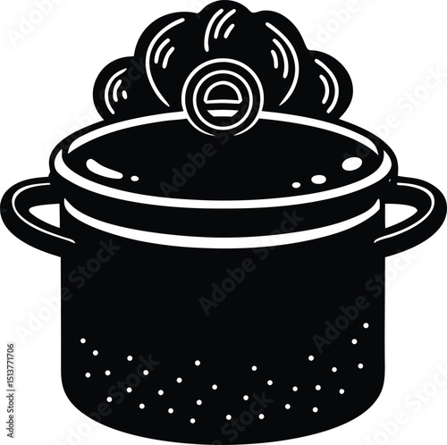Black and white illustration of a steaming pot