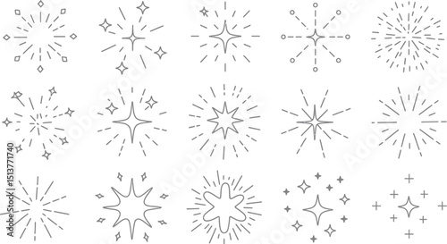 A collection of fifteen different starburst and sparkle designs in a black and white line drawing style