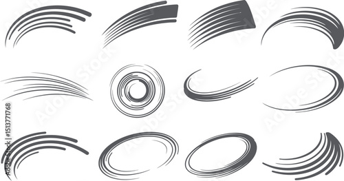Collection of various abstract speed lines and motion graphic elements on a white background design set