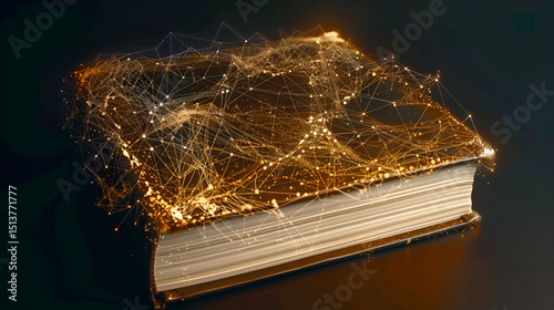 One blank book glowing with interactive data nodes on its cover