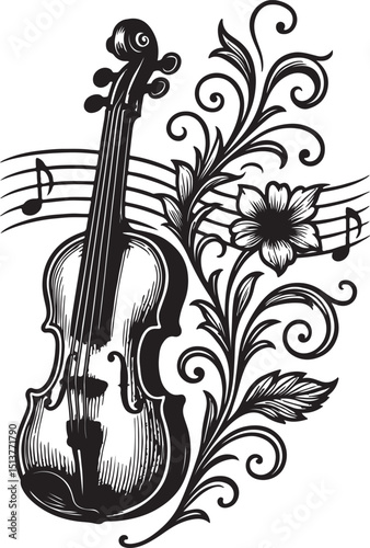 Violin with floral scroll and staff lines


