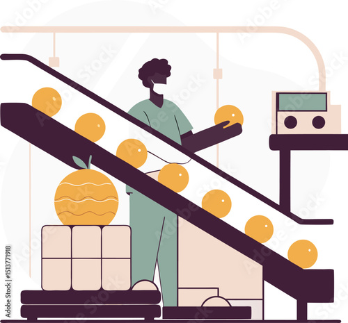 Worker sorting oranges on conveyor belt in factory