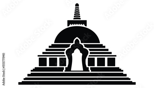 Buddhist Stupa Vector. Ancient Temple Silhouette, Sacred Architecture Icon, Asian Spiritual Landmark.
