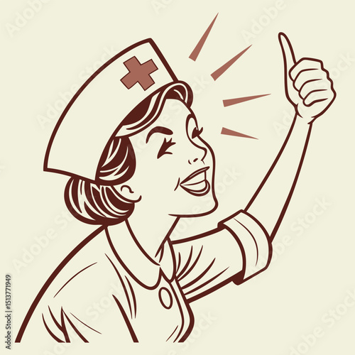 Retro nurse in uniform showing enthusiastic thumbs-up, embodying positive medical care and successful service.