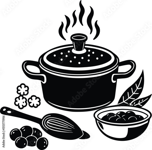 Steaming pot of food with herbs and utensils