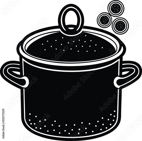 Black and white illustration of a pot boiling on a stove
