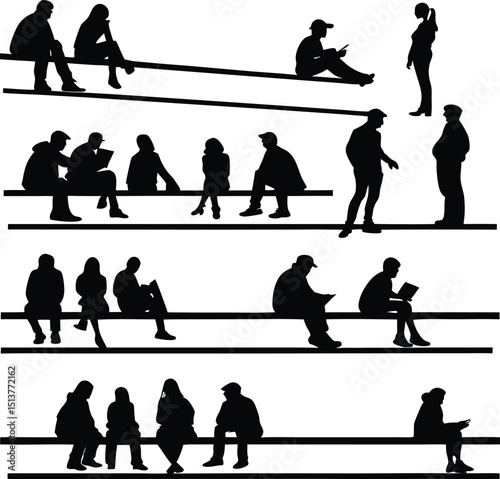 Diverse group of people sitting and standing silhouettes