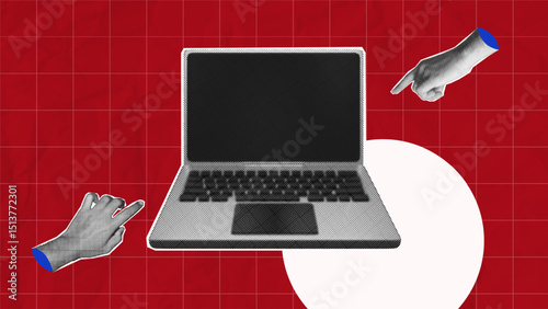 halftone collage, hand gesture pointing to blank laptop screen. digital learning, remote work. with grid red background