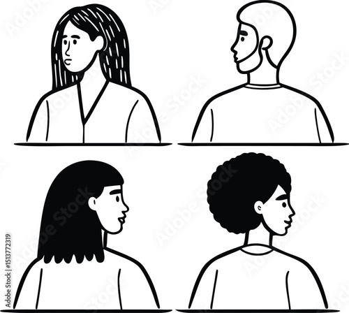 Simple line art illustrations of diverse people back and side profiles