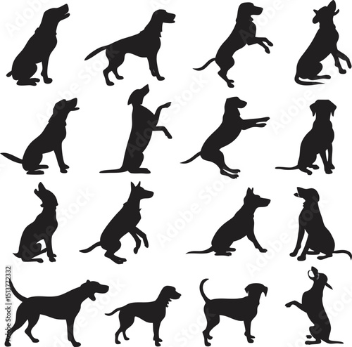 Collection of dog silhouettes in various poses and actions