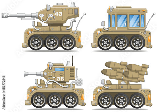 A set of combat vehicles. Side view. Isolated on white background. Vector illustration.