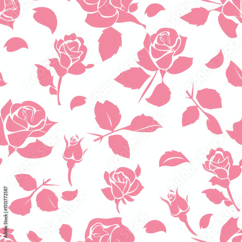 Pink Roses Pattern: A beautiful pattern showcasing a soft pink rose silhouette with petals on a light background. A romantic and elegant floral pattern for various creative projects. , seamless