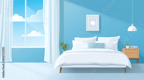 A bedroom with a white bed, a white dresser, and a window with a view of the sky