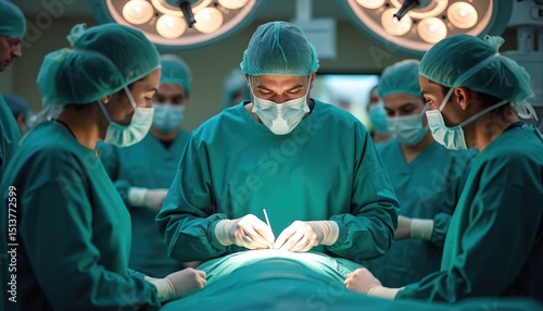 Surgeon performing operation in operating room. Medical team work in hospital. Doctors in green scrubs, surgical masks, gloves. Sterile surgical environment. Healthcare pro performs surgery. photo
