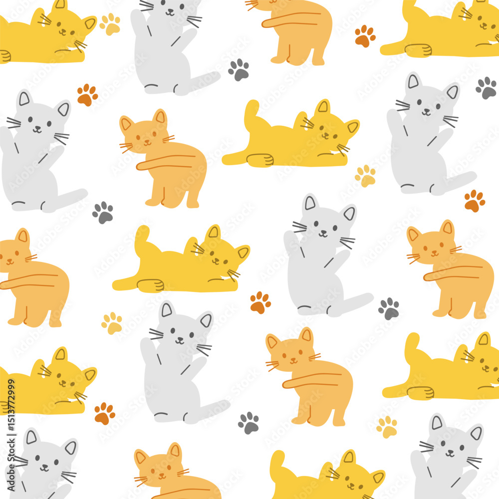 Obraz premium Seamless pattern of cute hand drawn cartoon cats. Paw prints and colorful feline doodles. Adorable animal background for kids, pet lovers, nursery wallpaper, fabric, and digital design. 