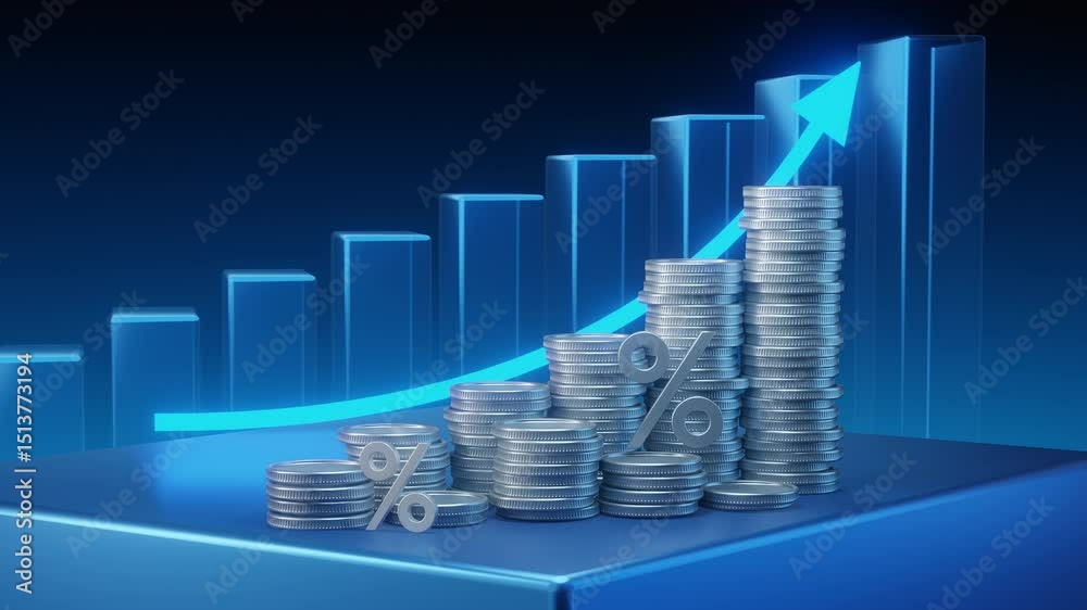 Animation of stacks of coins with percent symbols and a growing bar graph showing financial success and rising interest rates