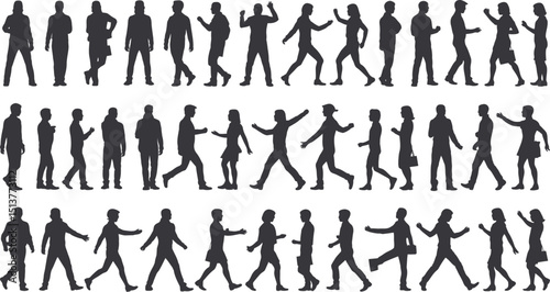 Silhouette illustration showing a large group of people walking in various poses and directions on white