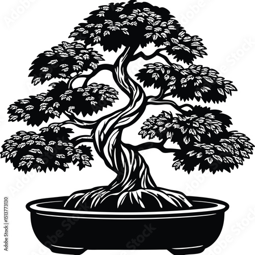 Captivating black and white illustration of a twisted bonsai tree, symbolizing peace, balance, and artistic natural beauty.