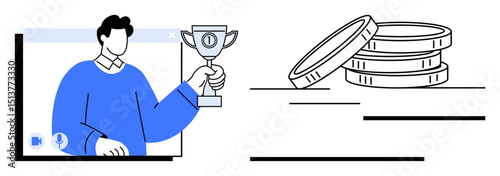 Man in video call holding a trophy signifying achievement, next to stacked coins indicating financial reward. Ideal for success, recognition, teamwork, motivation, leadership, accomplishment, virtual