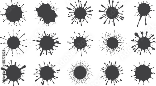 A collection of fifteen black ink splatters and blots in various shapes and sizes on a white background